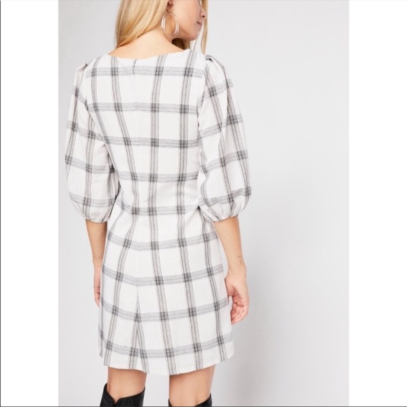 FREE PEOPLE Miss Molly Grid Plaid Puff Sleeve Mini Dress 0 new without tags - Picture 2 of 5